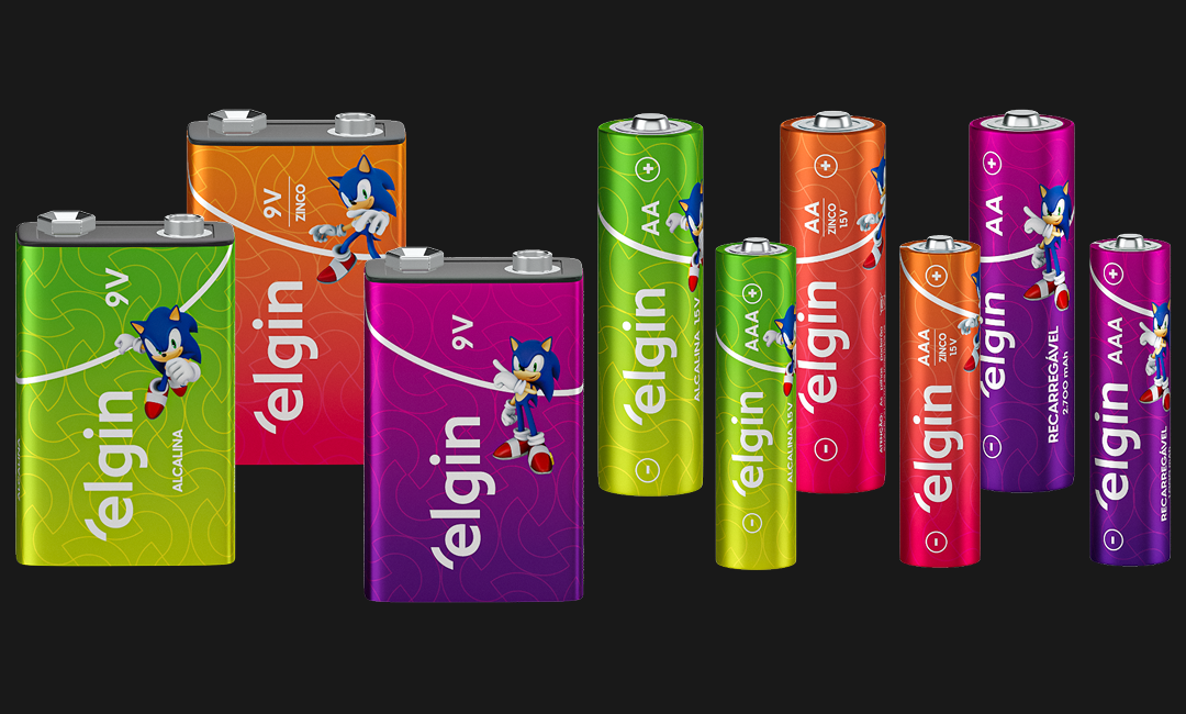 Linha completa de pilhas e baterias Elgin